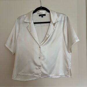 Satin Short Sleeve Button-Up Top